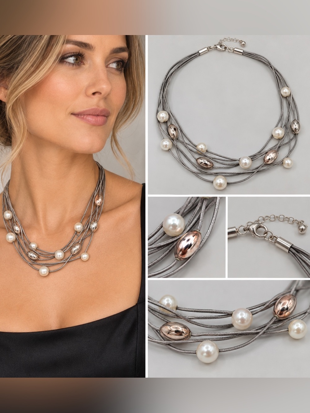 Elegant Multi Strand Pearl Necklace 925 Sterling Silver Gray Cord 18" Statement
